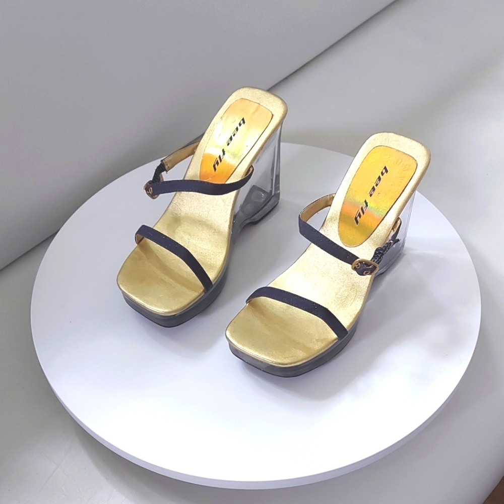 Women Open Toe Sandal Glass Platform Heels and Jeans Denim Straps Size 7.5